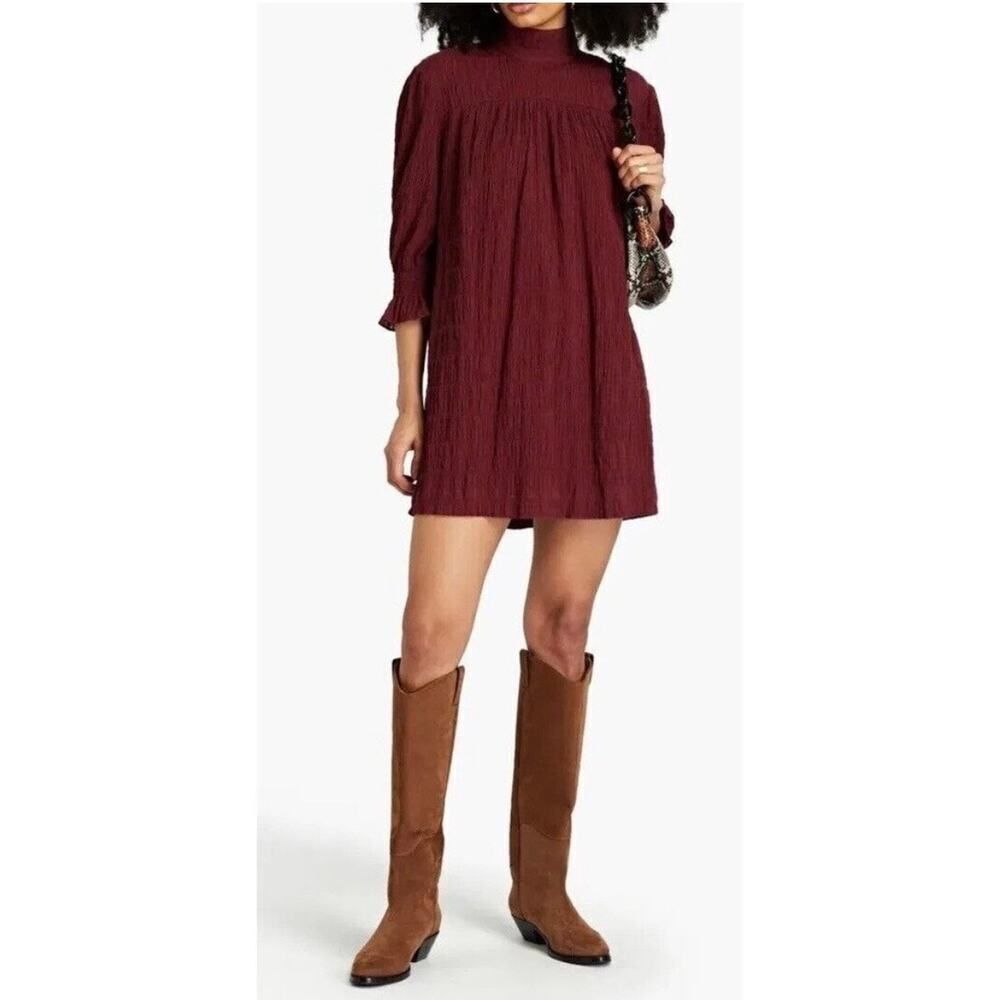 Ba&sh Bordeaux Red Devis Smocked Turtleneck‎ Mini Dress Size Medium